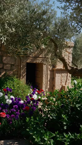 ancient tomb in a garden setting