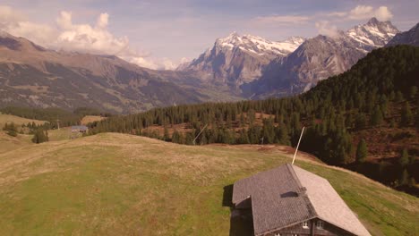 imágenes aéreas de drones empujando sobre prados alpinos volando hacia grindelwald y wetterhorn