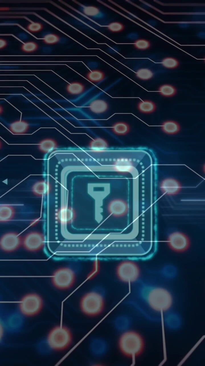 Animation of computer circuit board with data processing and padlock