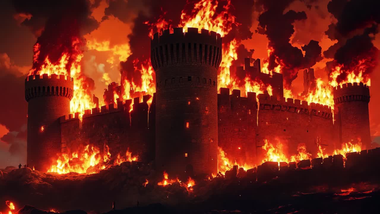 A castle on fire in the middle of a stormy sky