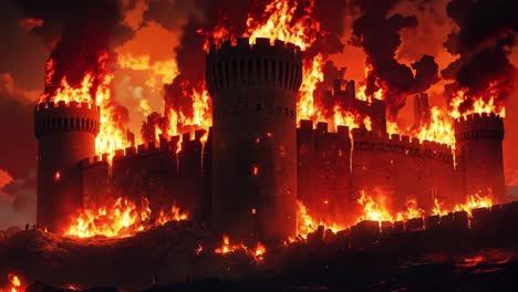 a castle on fire in the middle of a stormy sky