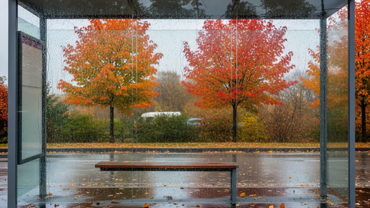 Captivating Autumn Scene: A Bus Stop Framed by Vibrant Red and Orange Trees Surrounded by Rain, Evoking the Beauty of Seasonal Change
