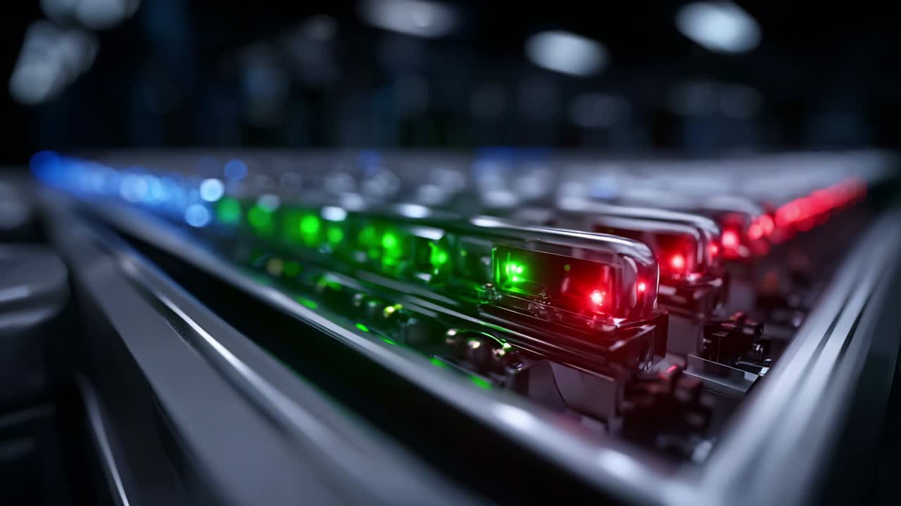 A Captivating Display of Technology: Exploring the Interplay of Colorful LED Lights in a Futuristic Control Panel Setting, Showcasing Vibrant Red, Green, and Blue Illumination in a Modern Environment