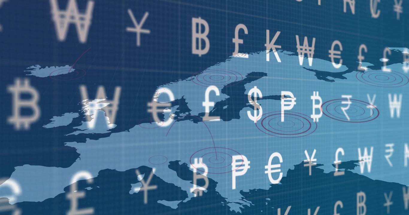 Al lancio, simboli di valuta che appaiono sulla mappa dell'Europa su una griglia blu, con un flusso finanziario che fluttua a sinistra.