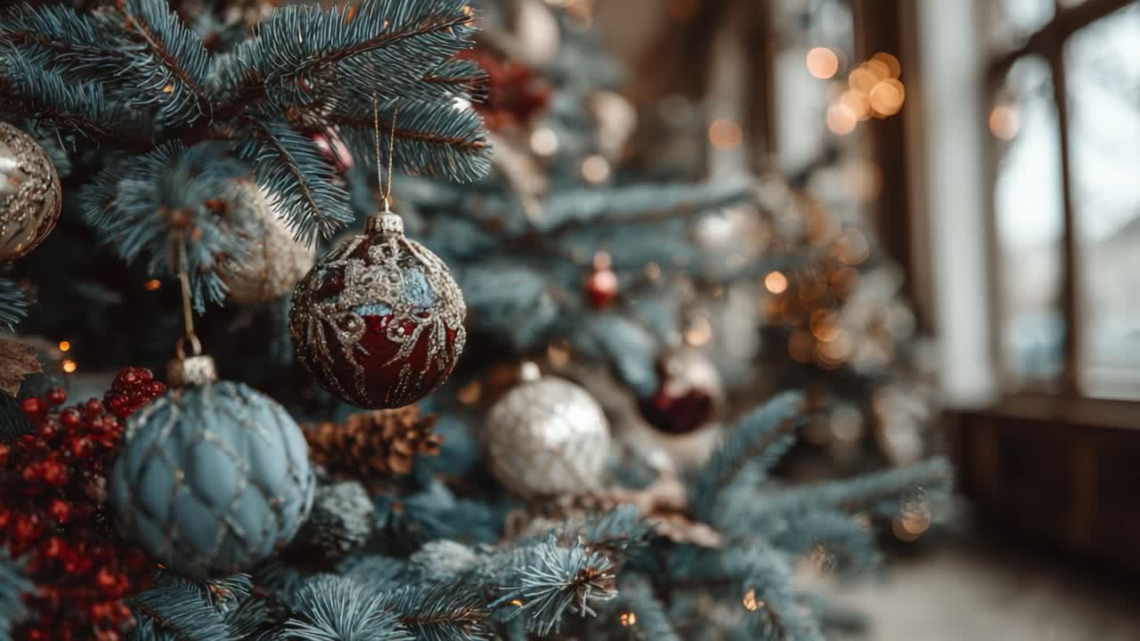 A Close-up View of Ornate Christmas Ornaments Hanging from an Evergreen Tree, Featuring Sparkling Lights and Holiday Cheer in a Cozy Setting