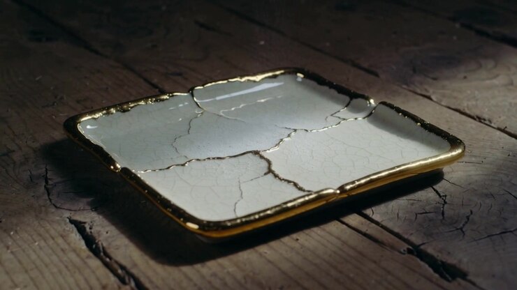 Lighting small square ceramic tray showing gold-filled cracks on workshop tabletop, vapor rising