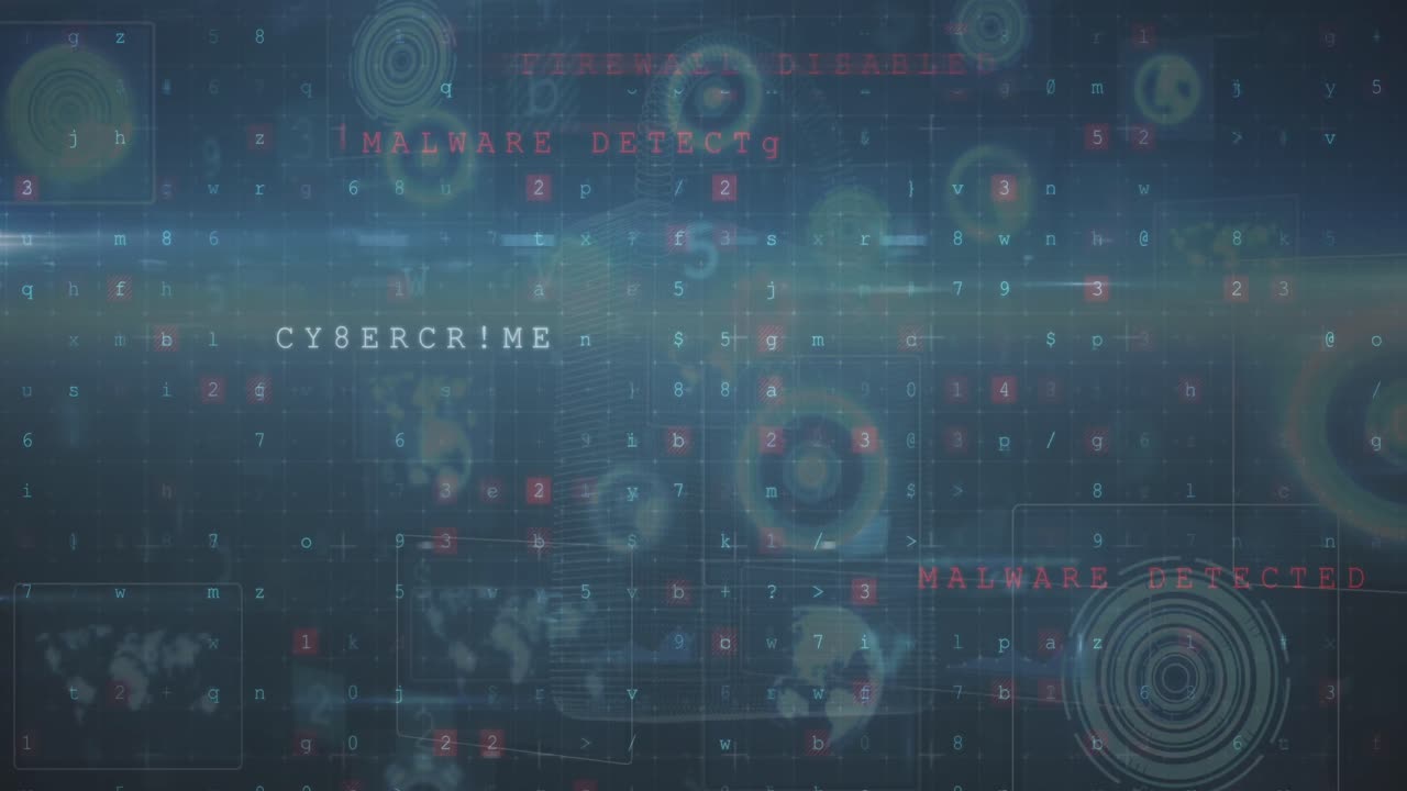 animación de texto de advertencia de ataque cibernético y procesamiento de datos