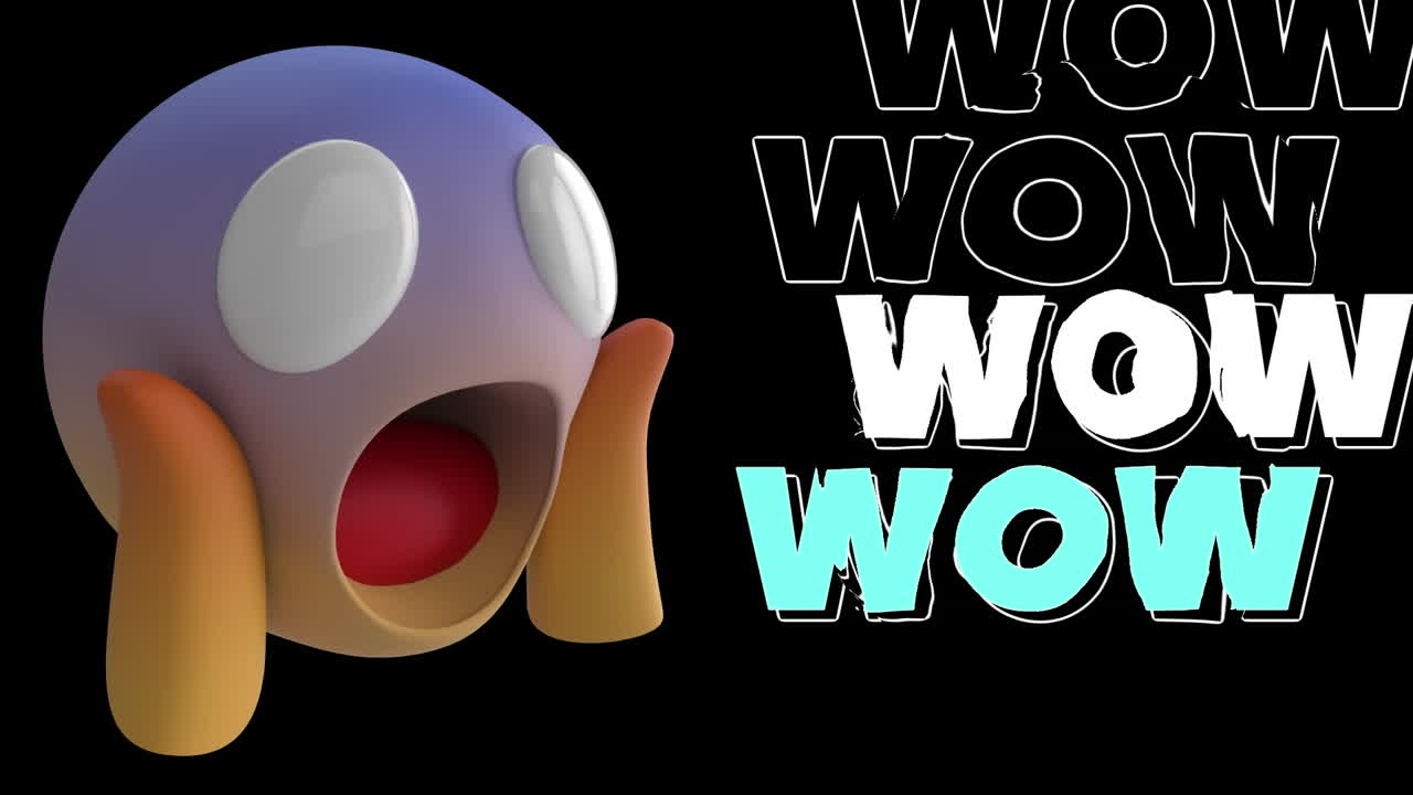 검은색 배경에 와우 텍스트와 이모지 아이콘의 애니메이션