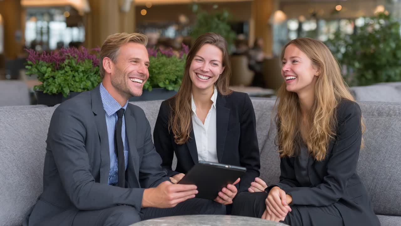 Engaging Discussion Among Colleagues in a Modern Office Setting, Sharing Ideas and Insights Through Digital Tablet Interaction While Enjoying a Relaxed Atmosphere