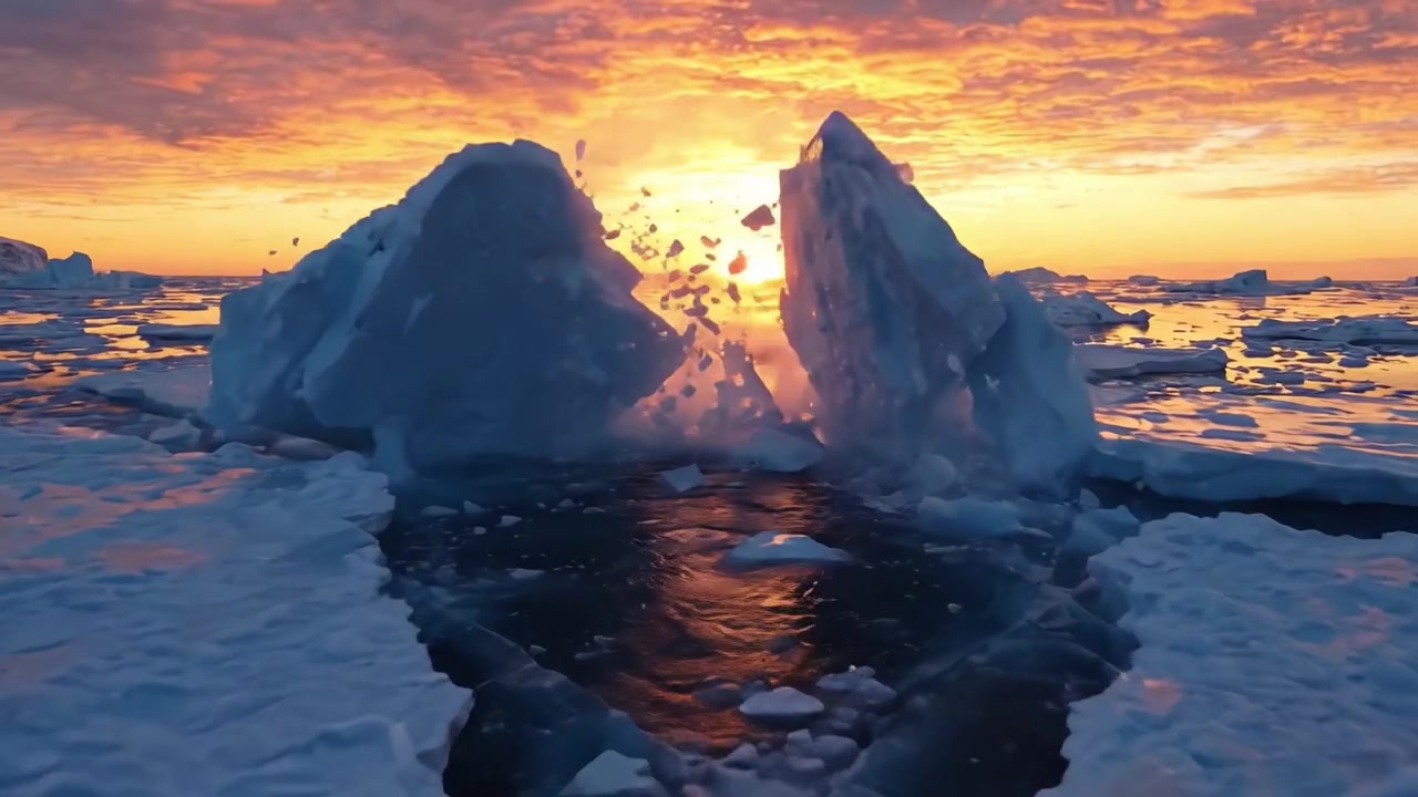 Adembenemende zonsopgang boven een bevroren zee: betoverende ijsschotsen en warme tinten verlichten de horizon in een prachtige weergave van de schoonheid van de natuur