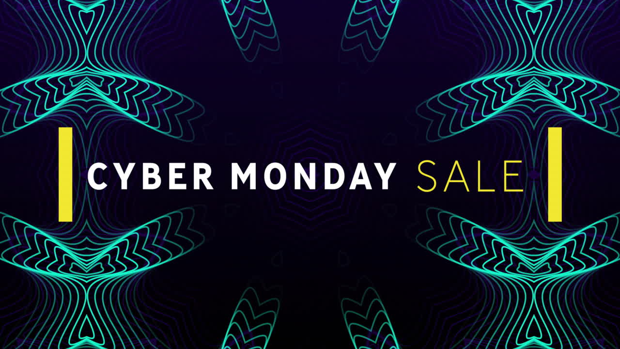Animation of cyber monday sale text over blue kaleidoscopic pattern on black background