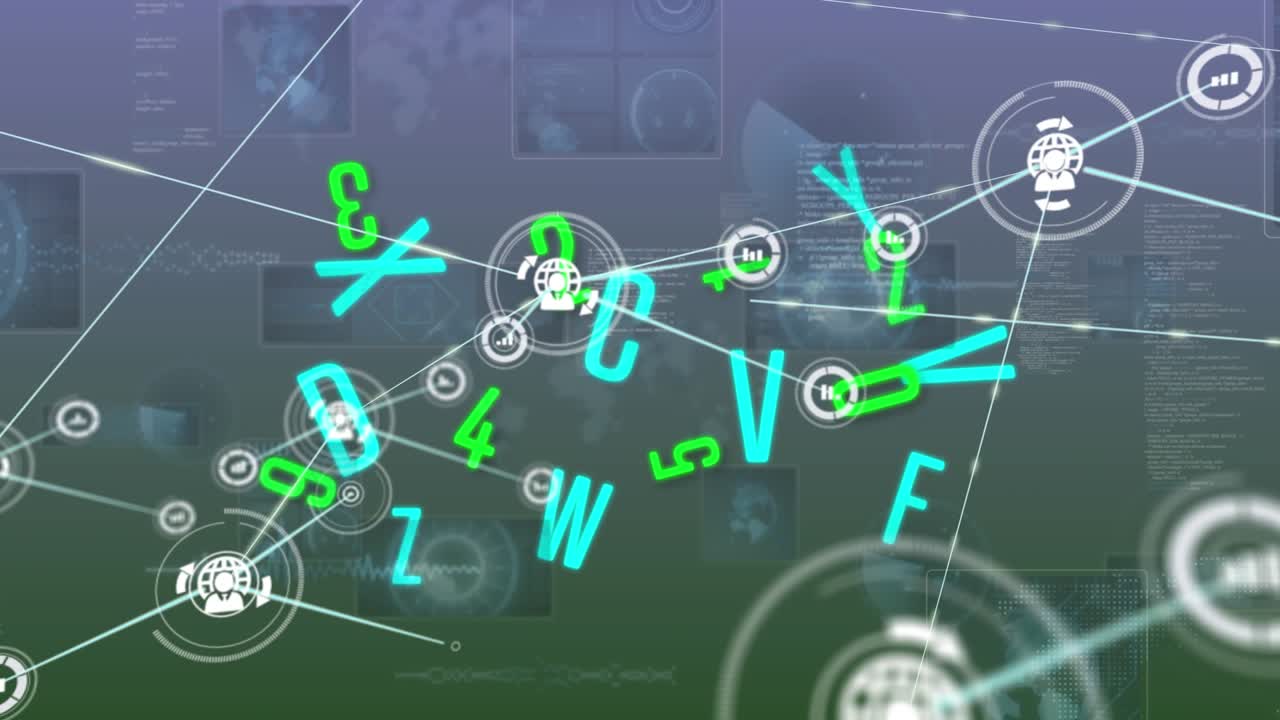 Animation of connections, numbers, letters and data on digital screens