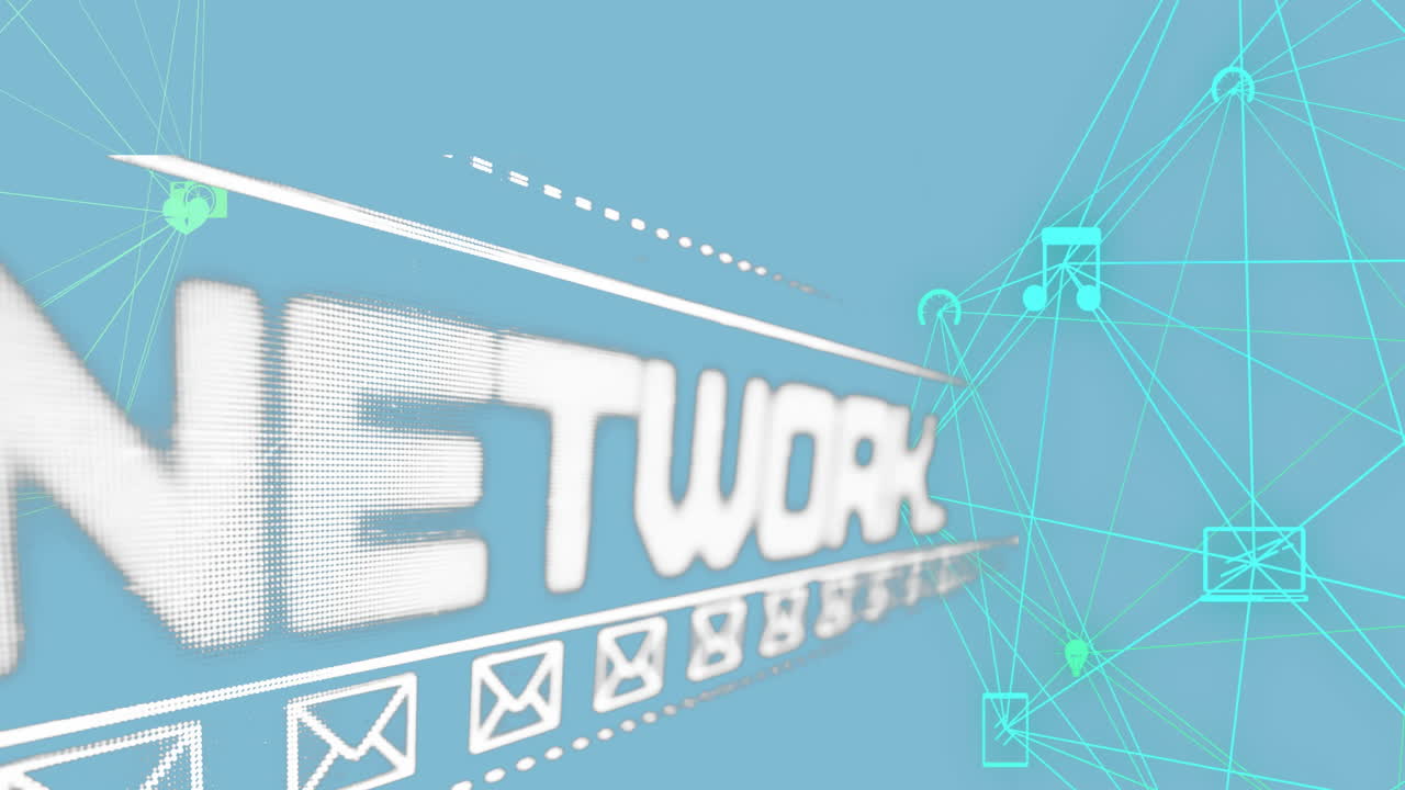 파란색 배경에 디지털 연결을 통해 네트워크 텍스트 및 이메일 아이콘 애니메이션