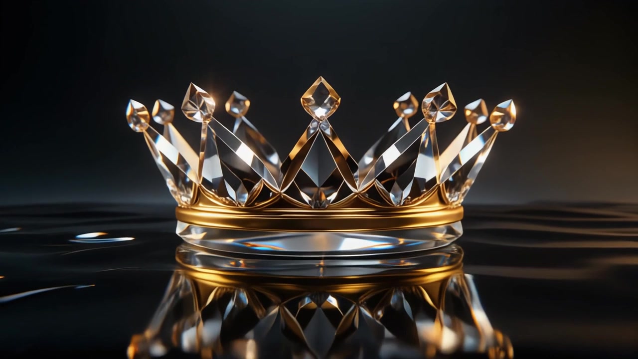 Elegante corona di cristallo e oro appoggiata su acqua scura riflettente