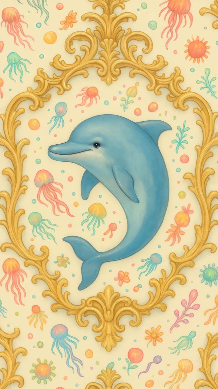 Süslü bir çerçeve içinde denizanası ile çevrili bir yunus illüstrasyonu