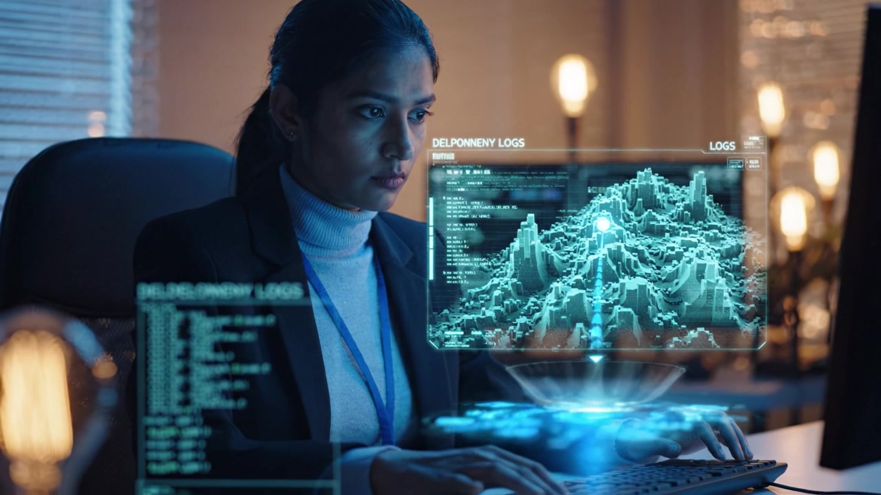 Analyzing Complex Data Visualization in a High-Tech Environment: A Focused Individual Interacting with Digital Logs and Graphics at a Computer Workstation