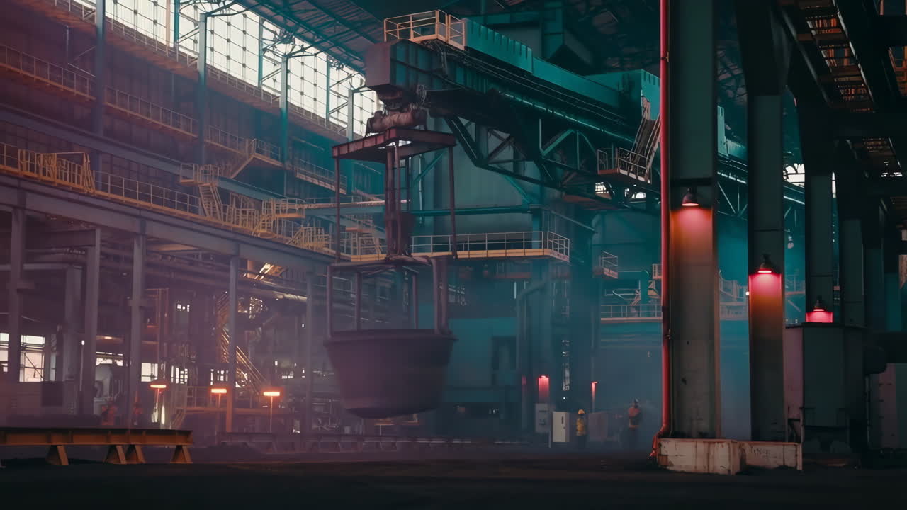 天井クレーンとるつぼがある製鉄所内部