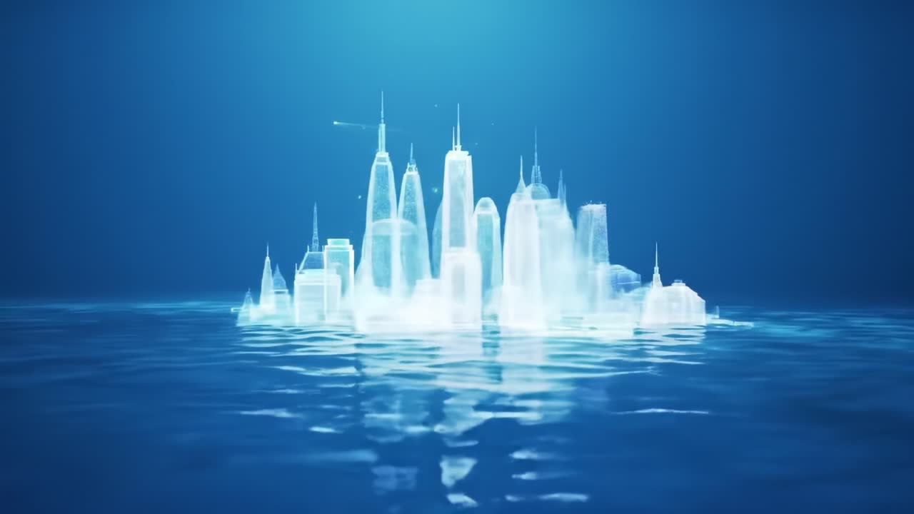 A Dreamlike Underwater City: An Enchanting Visual of an Ethereal Cityscape Rising from the Deep Aquatic Waters, Capturing the Beauty of a Transparent Fantasy