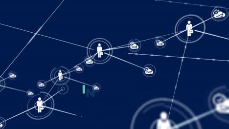 animación del procesamiento de datos a través de una red de conexiones y texto.