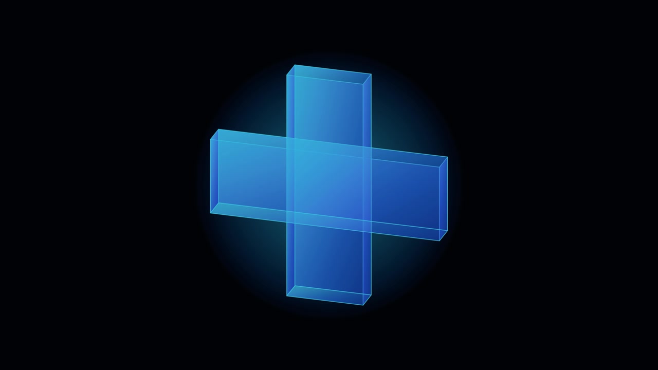 Rotierendes blaues transparentes Pluszeichen-Symbol auf schwarzem Hintergrund