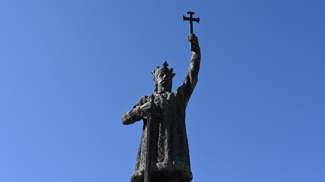 Chisinau, Moldova - June 4, 2021: Stephen the Great Monument in the city centre with a blue sky background