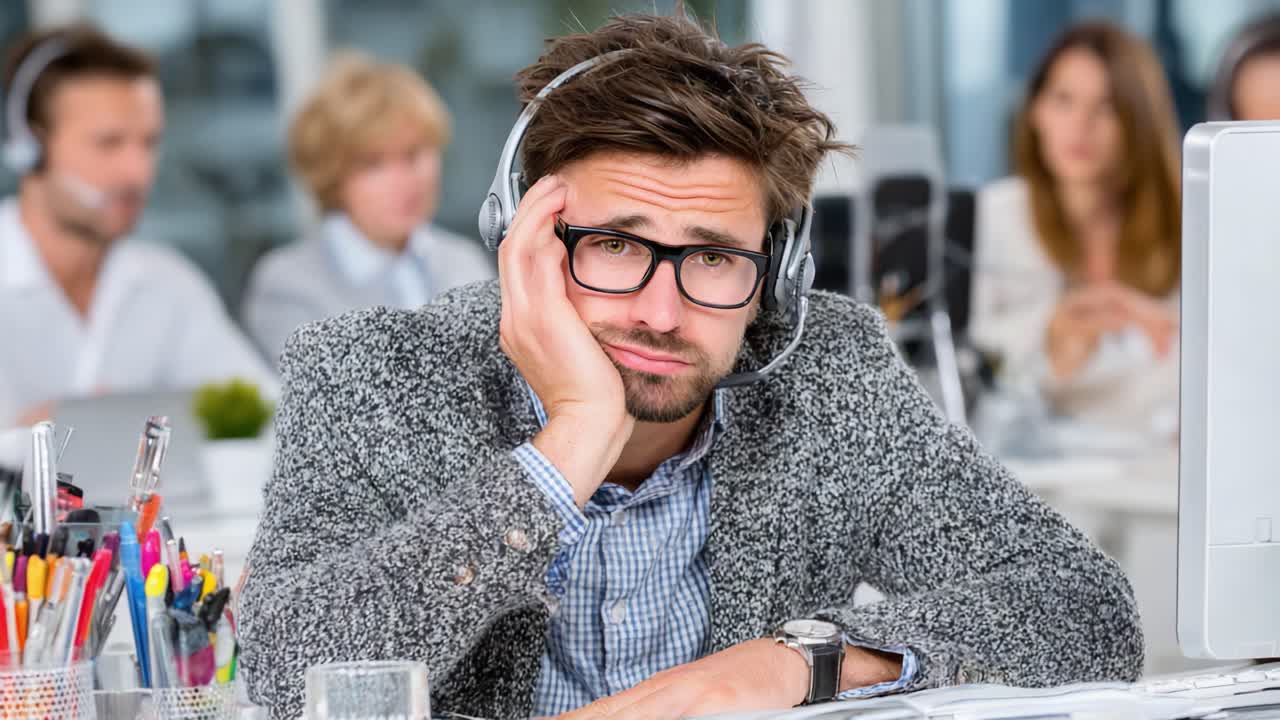 En frustreret medarbejder i et callcenter kæmper med arbejdsbyrden og distraktioner og viser tydeligt tegn på kedsomhed og skuffelse i et travlt kontormiljø