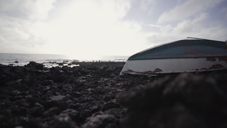 dumped abandoned fishing motorboat at conservative fuerteventura spain