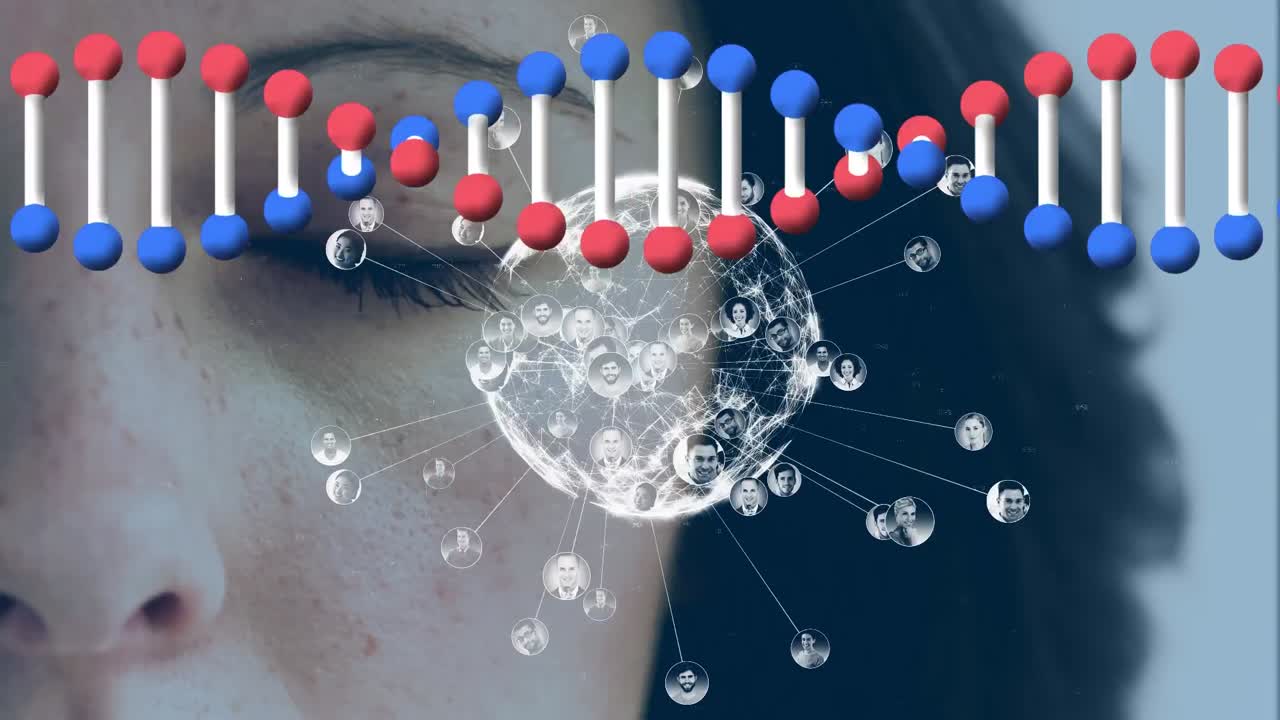 dna 가닥, 연결 네트워크 및 백인 여성의 눈 위의 지구의 애니메이션