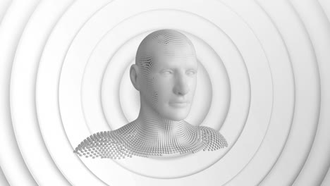 animation of human head formed with exploding particles on 3d white background