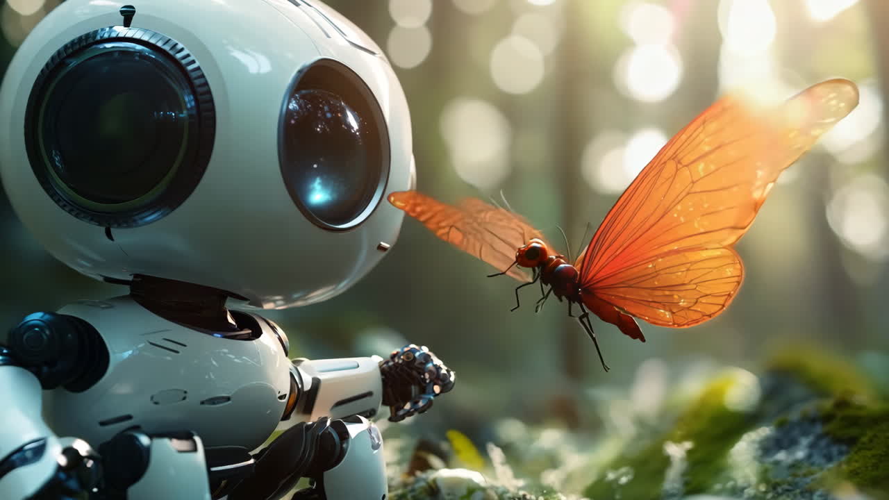 A robot is sitting on the ground next to a butterfly. The robot is white and has blue eyes. The butterfly is orange and is flying near the robot. The scene is peaceful and serene, with the robot