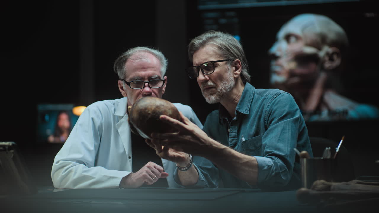 científicos examinando un cráneo en un laboratorio