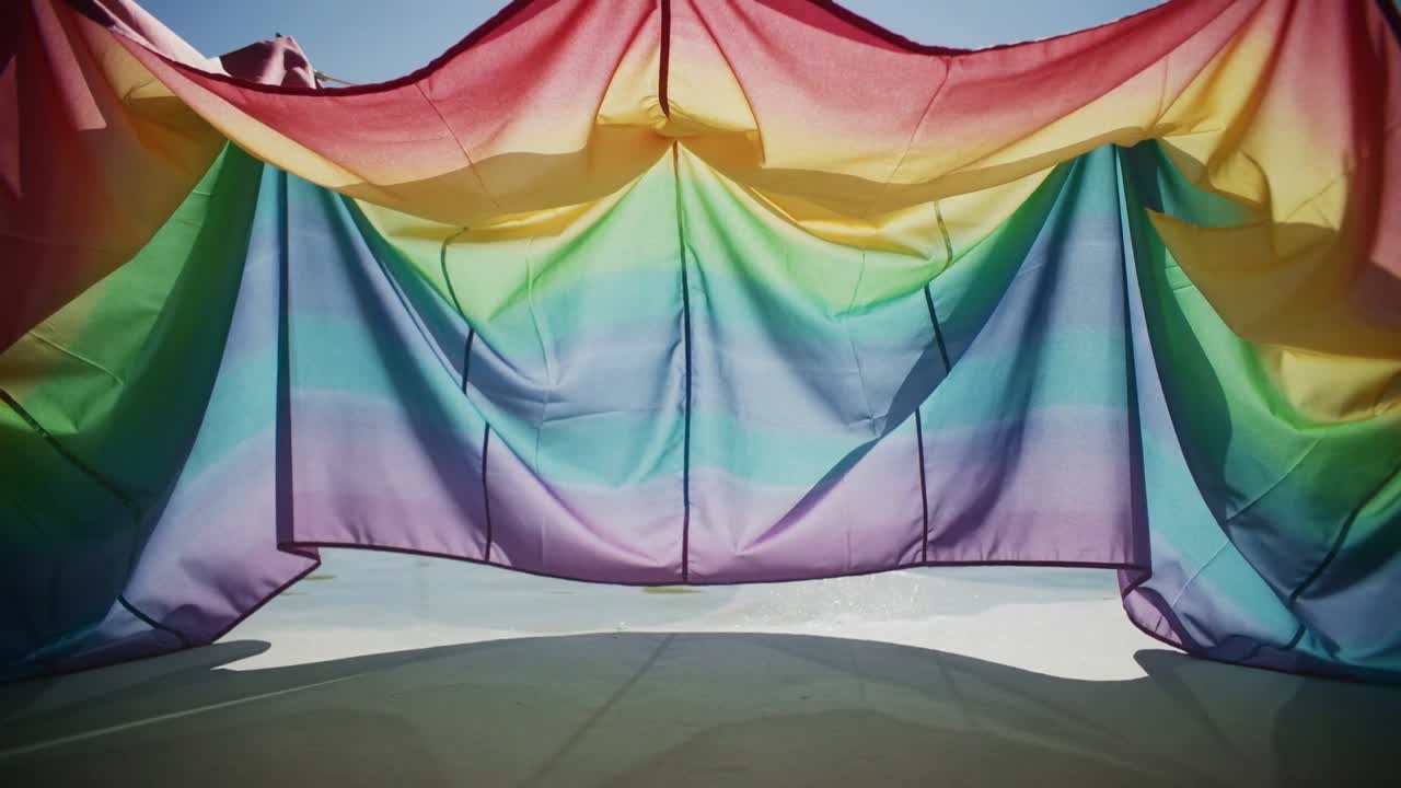 Shifting rainbow fabric panel forming central dip, side arches at outdoor stage, casting shadows