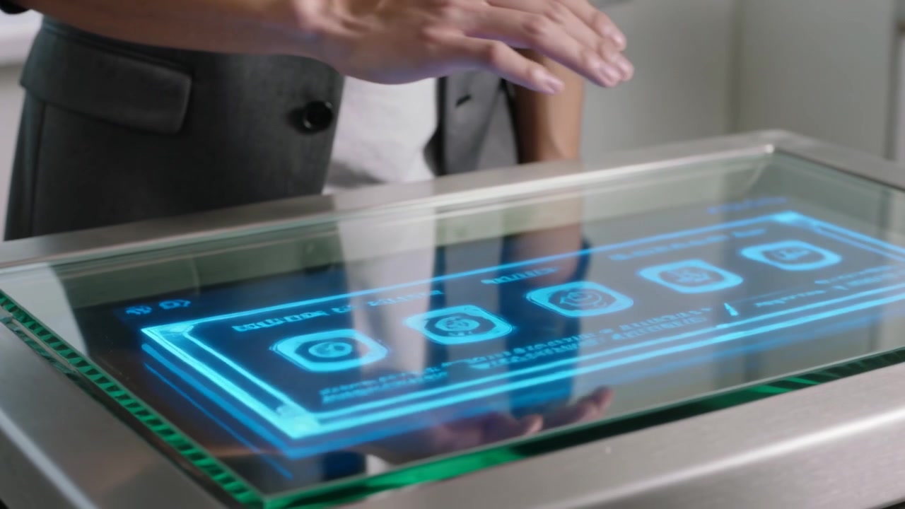 Entering man grey-blazer glasses reaching glass table in lab, selecting blue UI menu to access data
