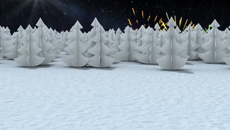 animation of fireworks and snowflakes falling in winter scenery