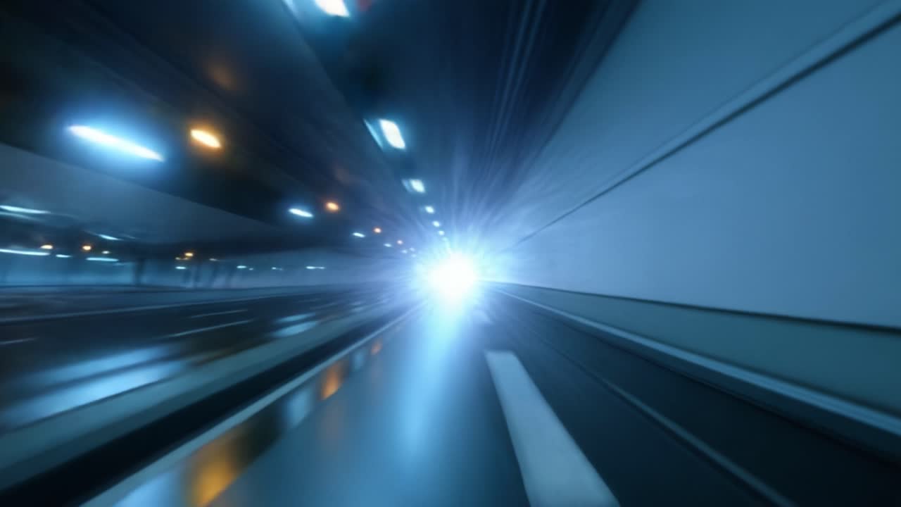 Esplosione di luce dinamica catturata in un tunnel, evidenziando una vivida dimostrazione di movimento e velocità attraverso lo spazio chiuso, creando un'esperienza visiva avvincente.
