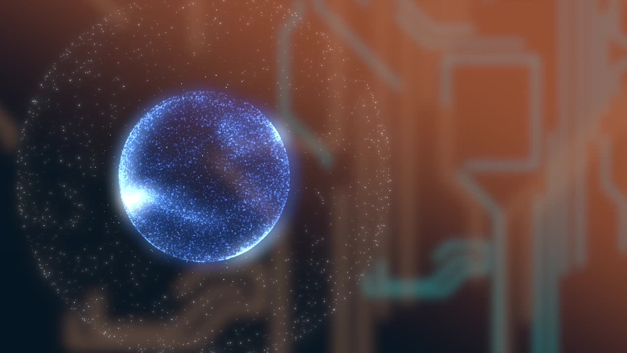 bola de plasma de energía azul de un pequeño polvo brillante sobre un fondo de circuito colorido.