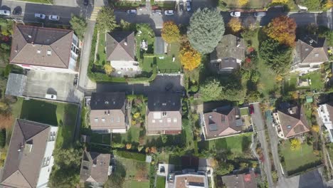 top drone aerial view: residential area in a lausanne neighborhood: houses and trees