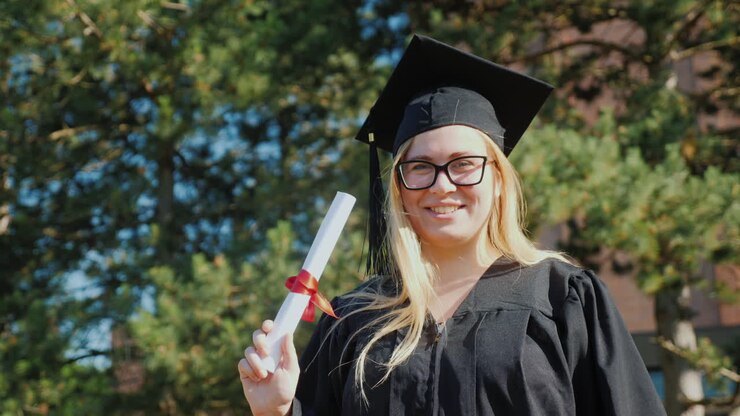 Ritratto di un giovane neolaureato in abiti e tocco da laurea che sorride guardando la telecamera.