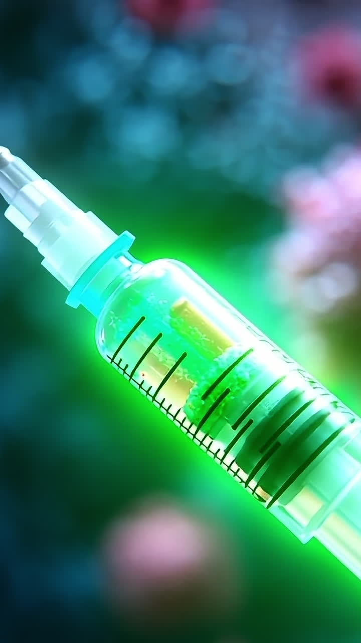 Syringe on disease backdrop. A close-up of a vaccine syringe lit up against a vibrant, abstract microbiological backdrop.