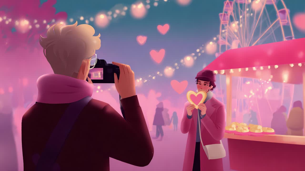 A Couple Captures Special Moments Under Romantic Lights at a Magical Fair, Embracing Love and Joy with Heart-Shaped Tokens, Surrounded by a Playful Carnival Atmosphere and Heartfelt Memories