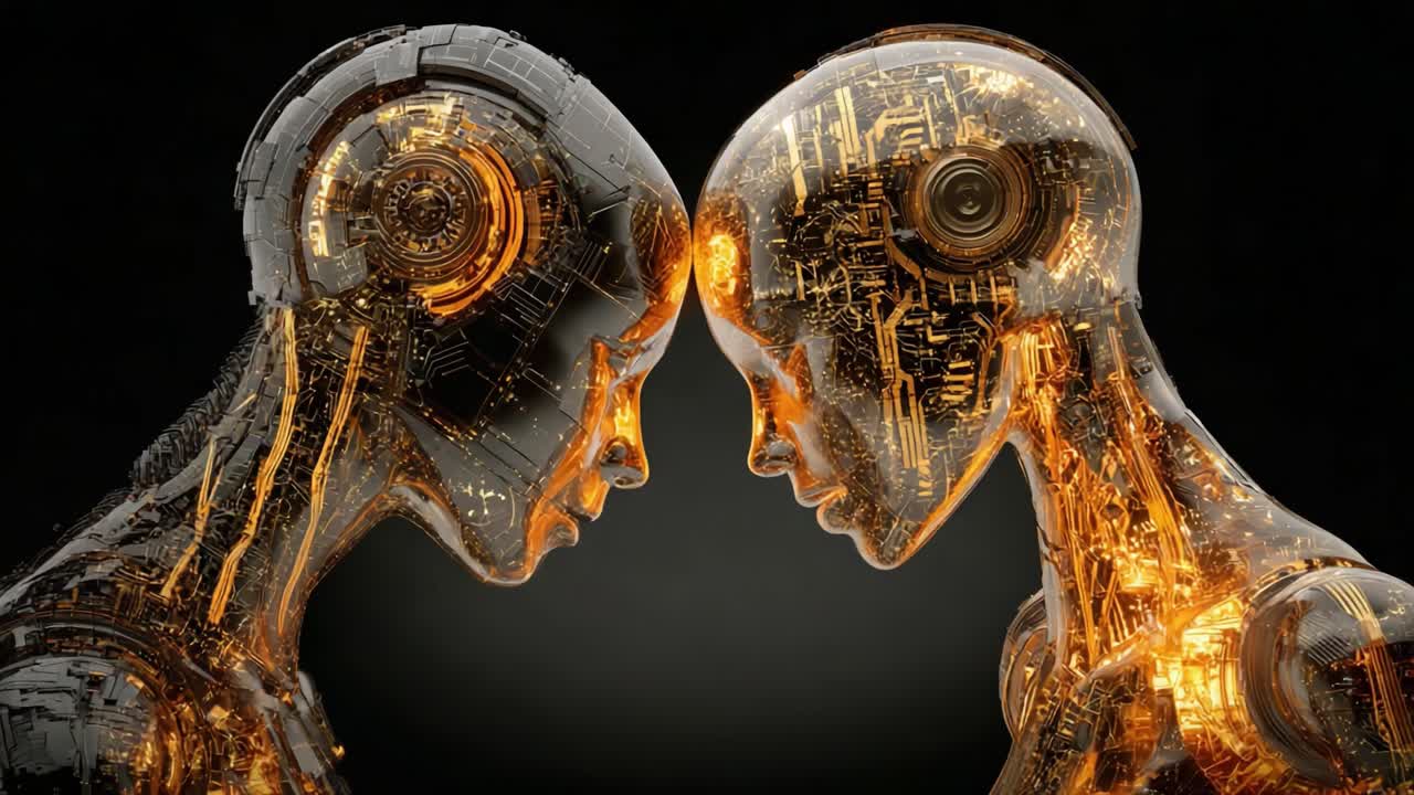 Un confronto intimo tra due androidi futuristici che mette in risalto i loro intricati design e le loro caratteristiche tecnologiche in una straordinaria rappresentazione di luci e colori