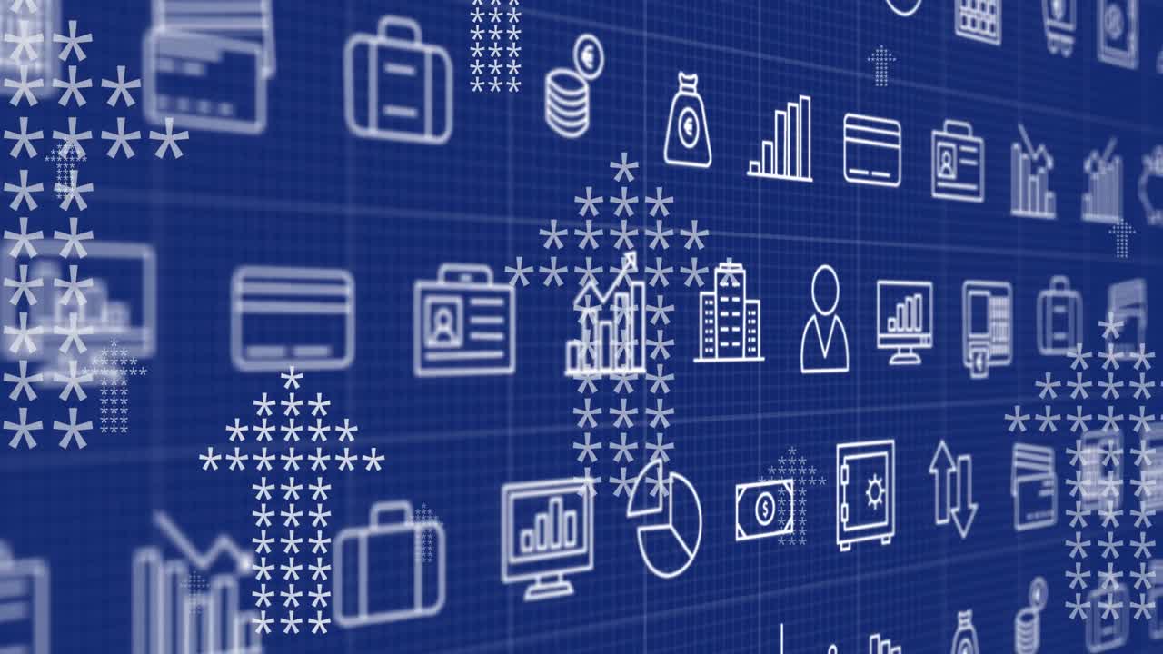 animación de la interfaz con iconos digitales sobre iconos de flecha que se mueven hacia arriba contra un fondo azul