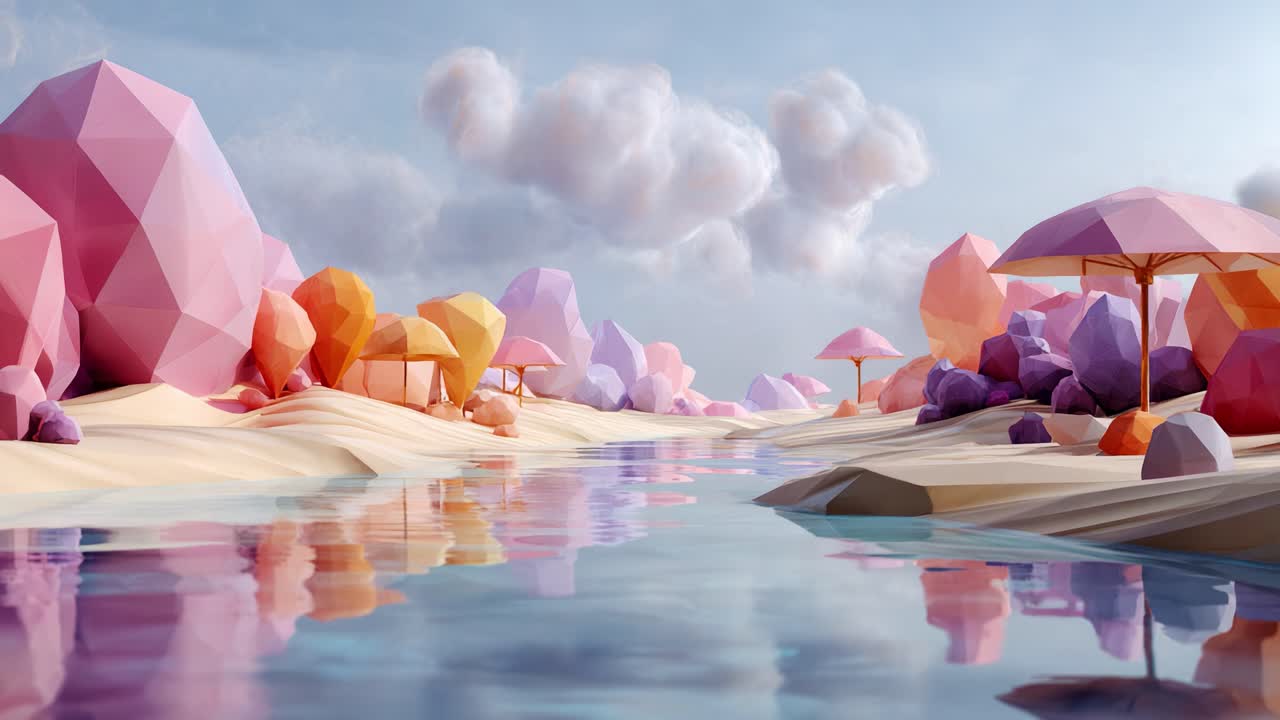 Un paisaje digital sereno con árboles geométricos y colores vibrantes que se reflejan en un río tranquilo, creando una escena artística y apacible que cautiva la imaginación