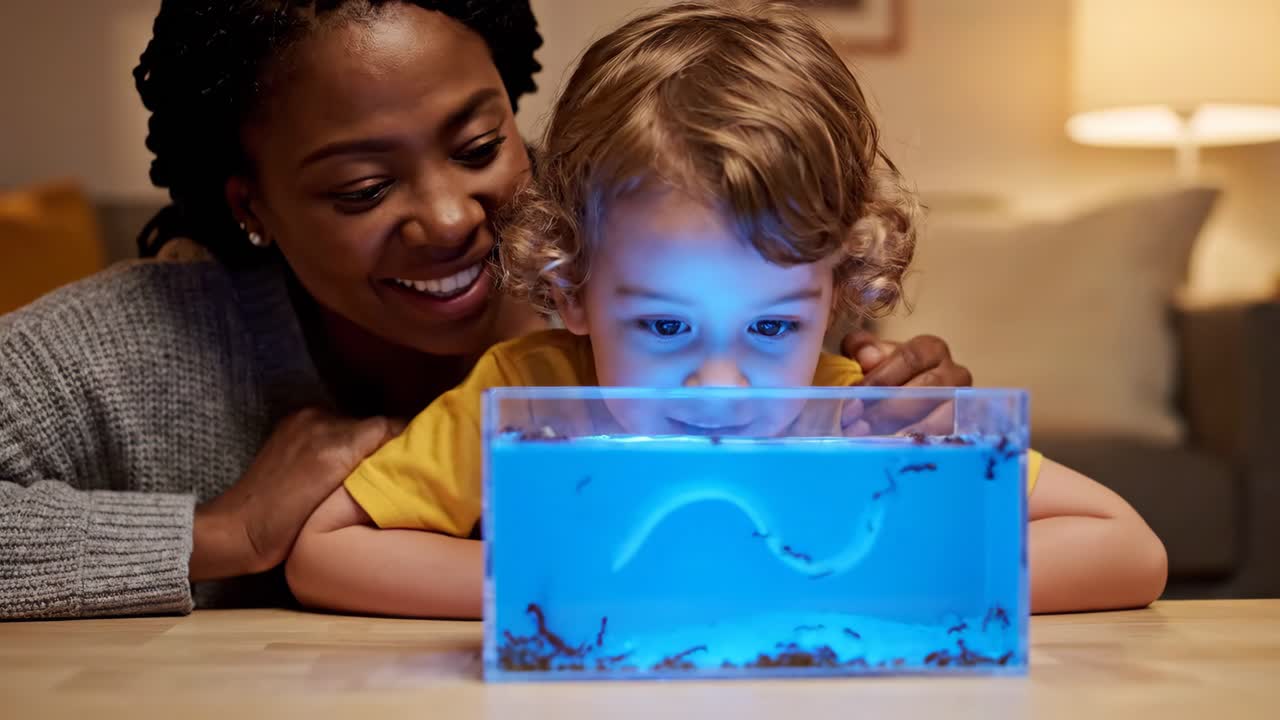Mãe e filho admirando peixes no aquário