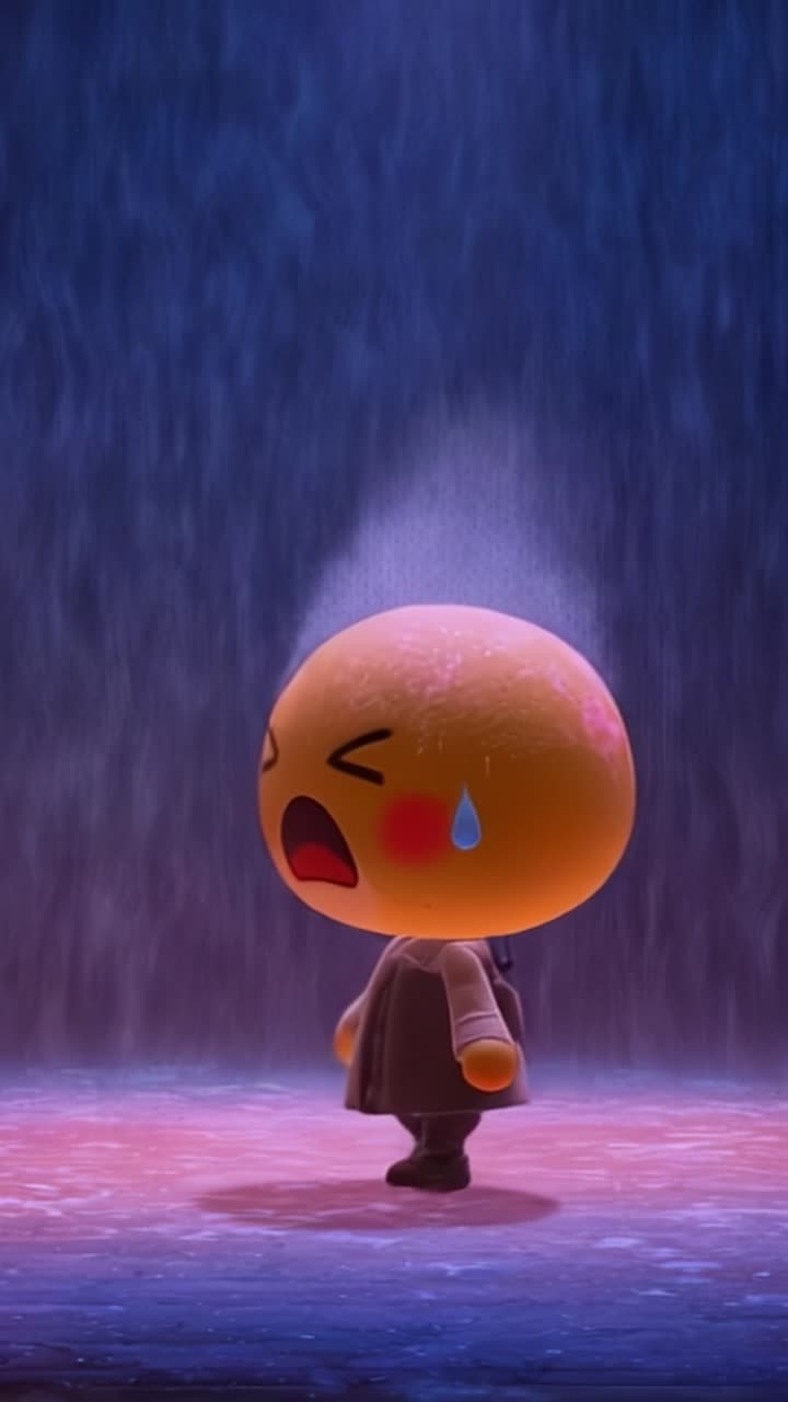 A Melancholic Animated Character Under Heavy Rain, Expressing Deep Emotion with Tears, Standing Alone on a Bench in a Dramatic and Colorful Setting