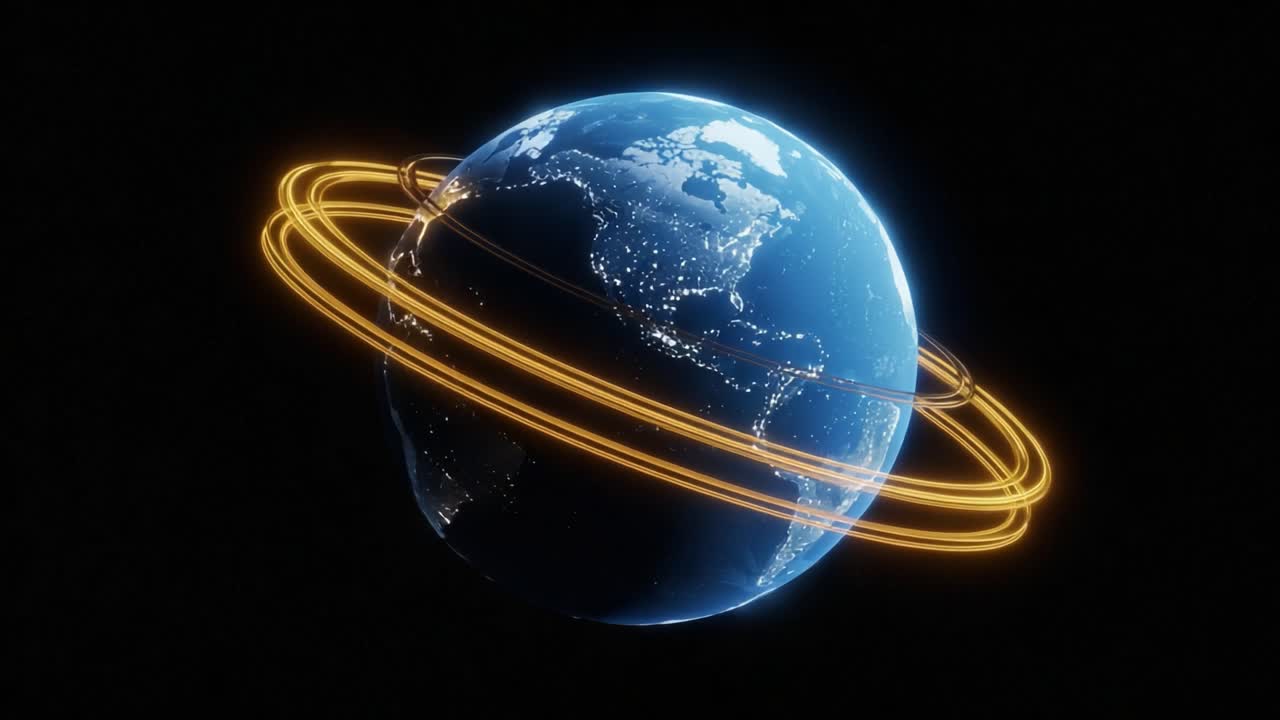 A Stunning Visualization of Earth with Dynamic Orbiting Rings, Showcasing the Planet's Features in a Vibrant and Engaging Space Environment