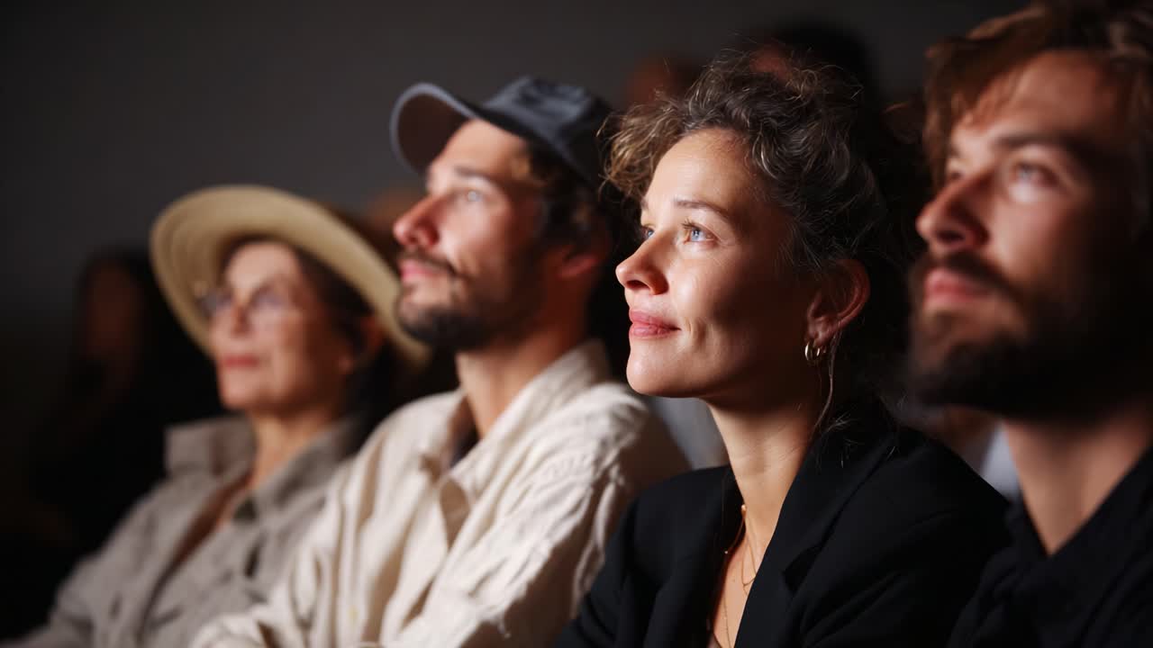 Un public captivé assiste à une présentation captivante, affichant des expressions d’engagement et de curiosité, avec diverses perspectives et émotions dans un cadre faiblement éclairé
