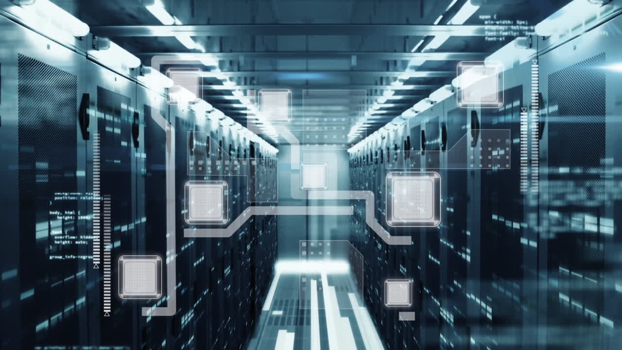 Animation of data processing and mosaic squares against computer server room