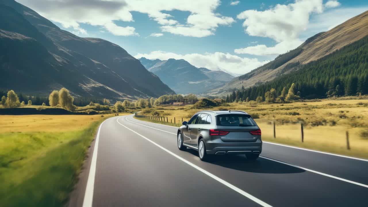 Una ripresa video panoramica da un'angolazione posteriore cattura un'auto che guida su una strada tortuosa attraverso valli lussureggianti.
