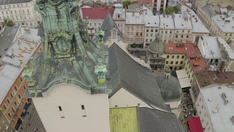 aerial view of a church tower in lviv, ukraine